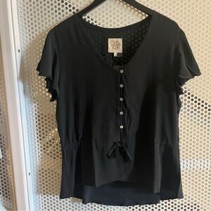 Chaser Ruffled Sleeve Top Size Medium Black Vee Neck, Buttons, Tie Waist NWT
